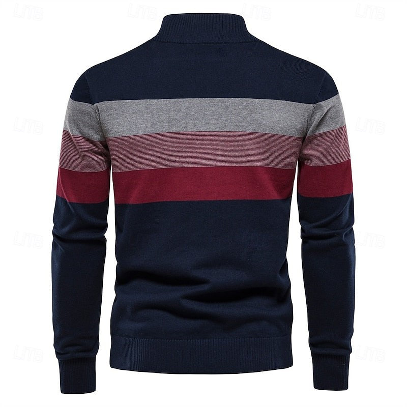 Miles | Herren Farbblock gestreifter Viertel-Reißverschluss Stehkragen Pullover