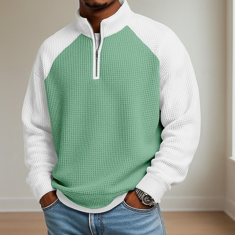 Jasper | Herren Farbblock Waffelstruktur Viertel-Reißverschluss Raglan-Ärmel Pullover