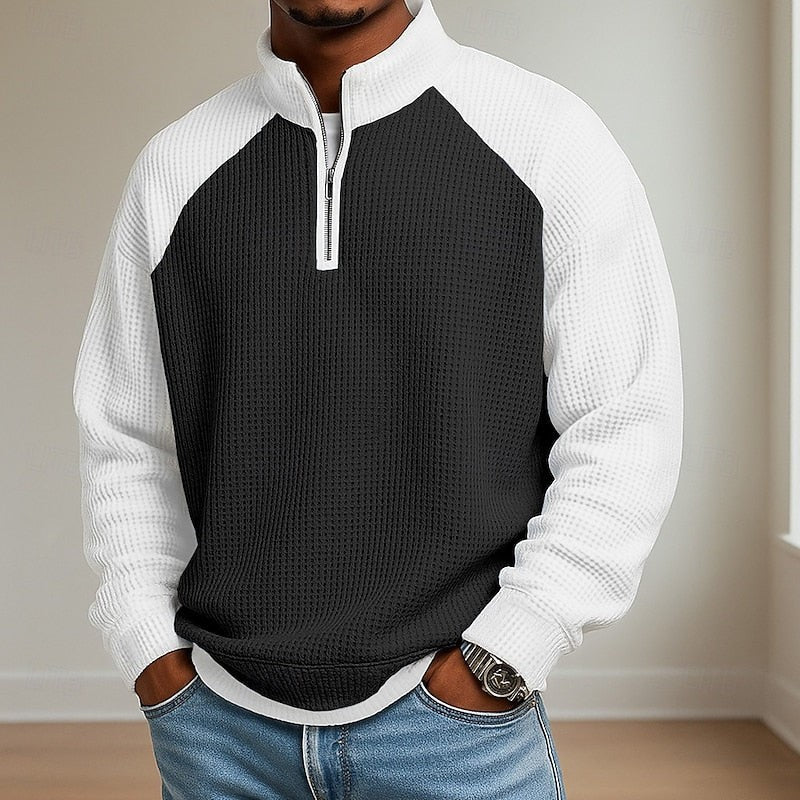 Jasper | Herren Farbblock Waffelstruktur Viertel-Reißverschluss Raglan-Ärmel Pullover