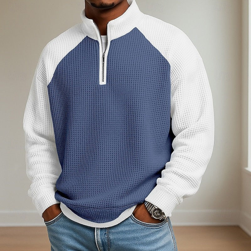 Jasper | Herren Farbblock Waffelstruktur Viertel-Reißverschluss Raglan-Ärmel Pullover