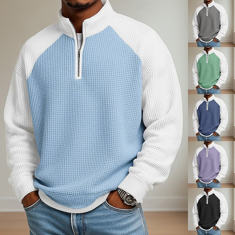 Jasper | Herren Farbblock Waffelstruktur Viertel-Reißverschluss Raglan-Ärmel Pullover