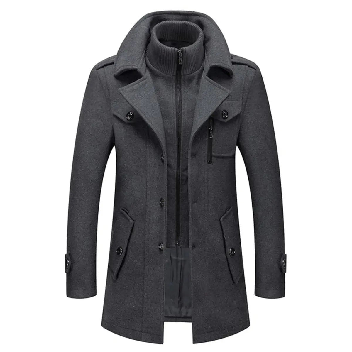 Bennett | Herren Mid-Length Mantel mit Schichtstrickkragen und Reißverschluss im Notch-Lapel-Stil