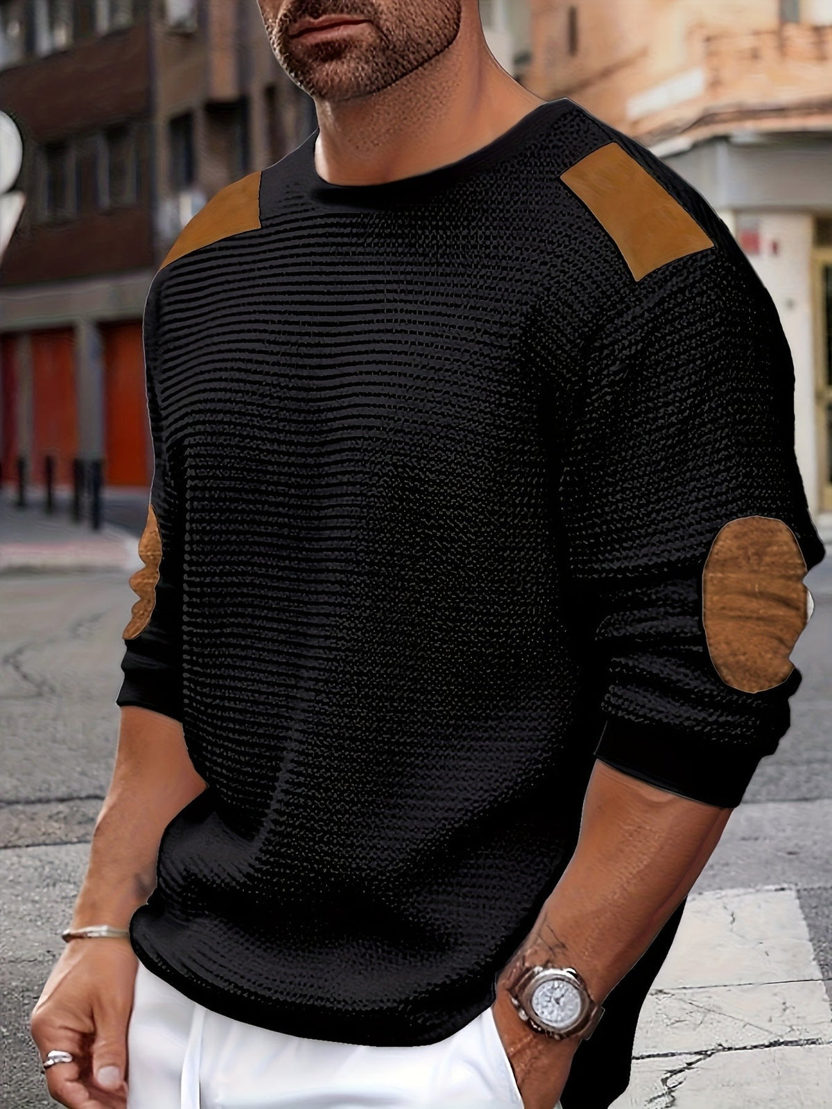 Aaron | Herren Strukturierter Pullover mit Kontrast Ellbogen-Patches
