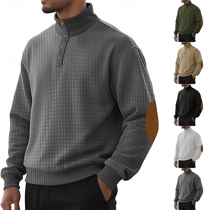 Sawyer | Herren Pullover mit strukturiertem Stehkragen und Knopfleiste, Ellbogen-Patches