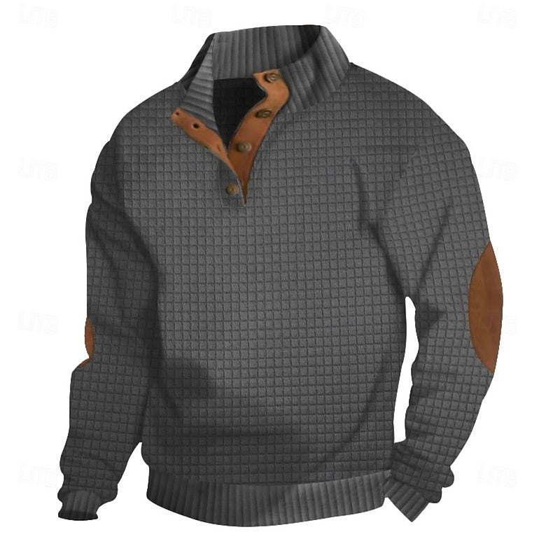 Sawyer | Herren Pullover mit strukturiertem Stehkragen und Knopfleiste, Ellbogen-Patches