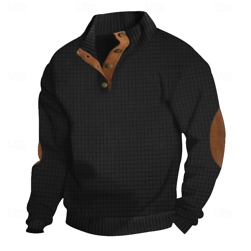 Sawyer | Herren Pullover mit strukturiertem Stehkragen und Knopfleiste, Ellbogen-Patches