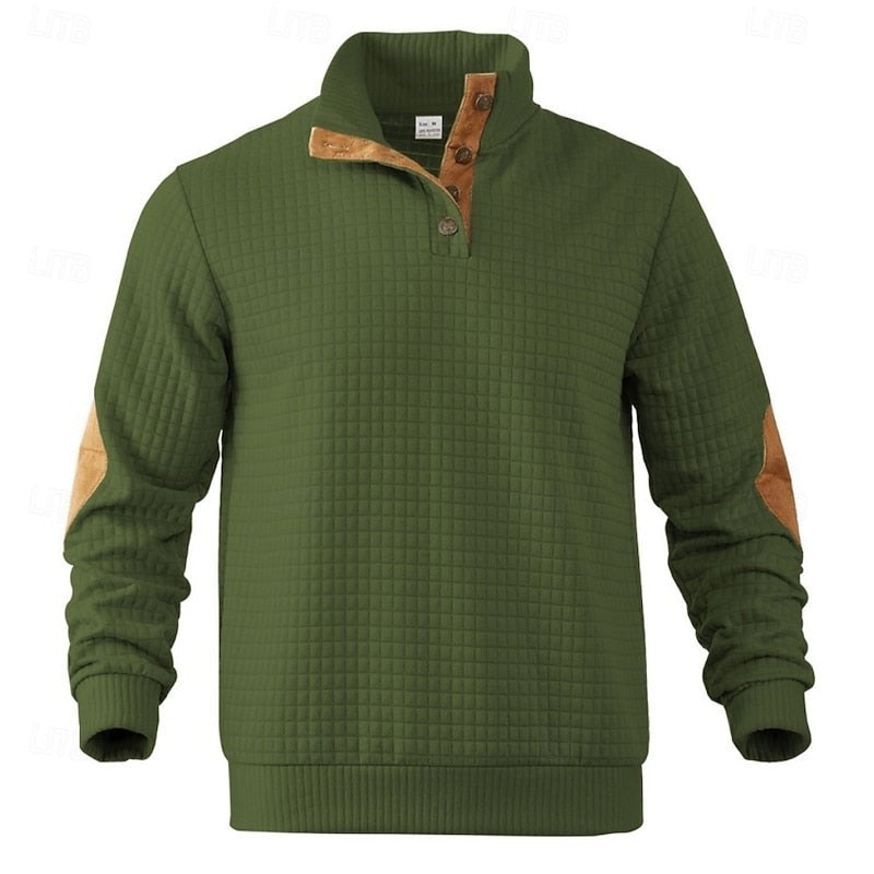 Sawyer | Herren Pullover mit strukturiertem Stehkragen und Knopfleiste, Ellbogen-Patches