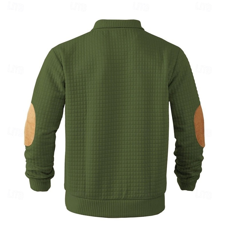 Sawyer | Herren Pullover mit strukturiertem Stehkragen und Knopfleiste, Ellbogen-Patches