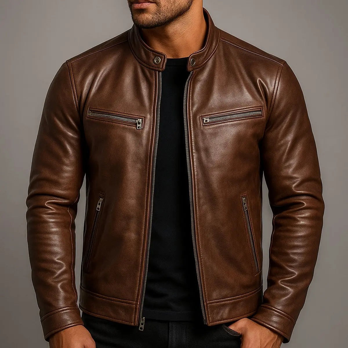 Hudson | Herren Vintage Bandkragen Zip-Up Bikerjacke