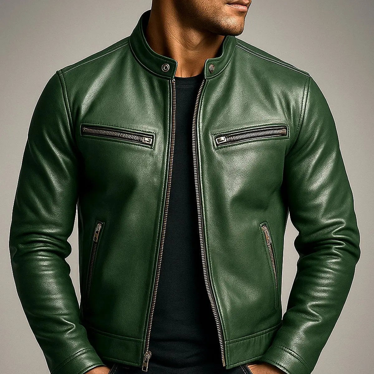 Hudson | Herren Vintage Bandkragen Zip-Up Bikerjacke