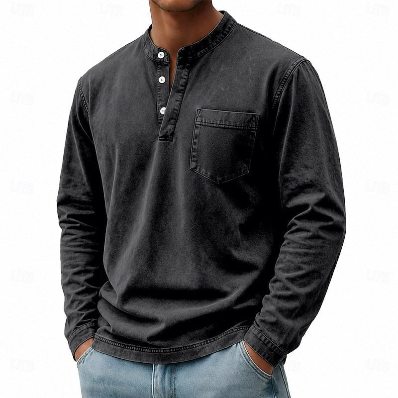 Theodore | Herren Vintage-Wasch Bandkragen Langarm Henley-Shirt