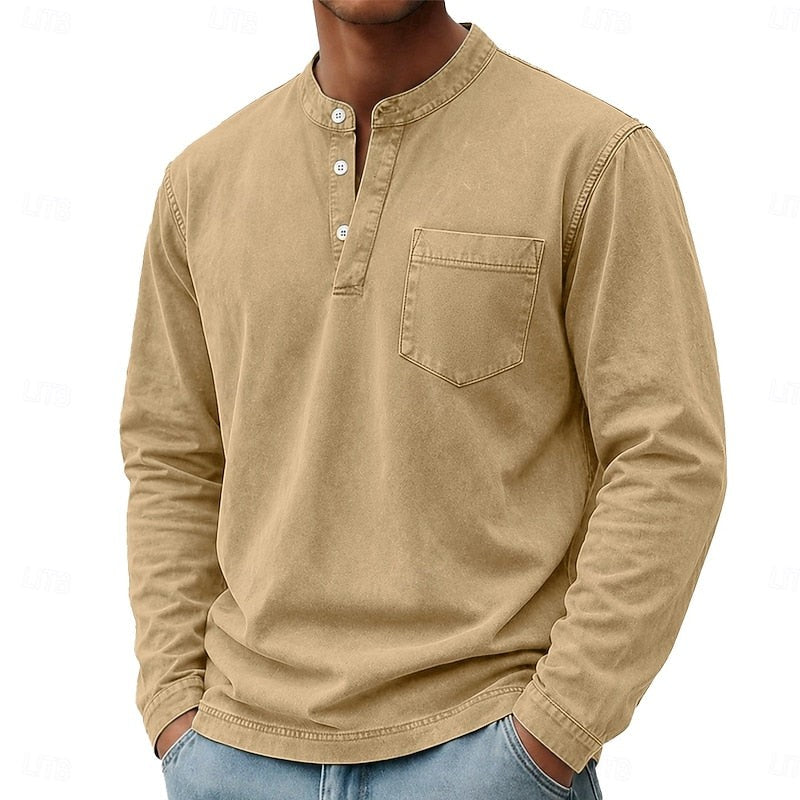 Theodore | Herren Vintage-Wasch Bandkragen Langarm Henley-Shirt