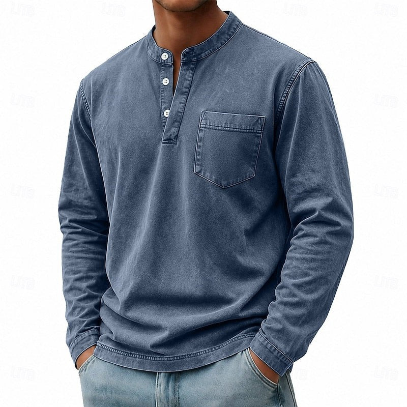 Theodore | Herren Vintage-Wasch Bandkragen Langarm Henley-Shirt