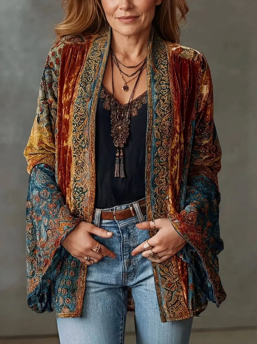 Amara | Damen Boho Patchwork Offene Front Langarm Kimono Jacke