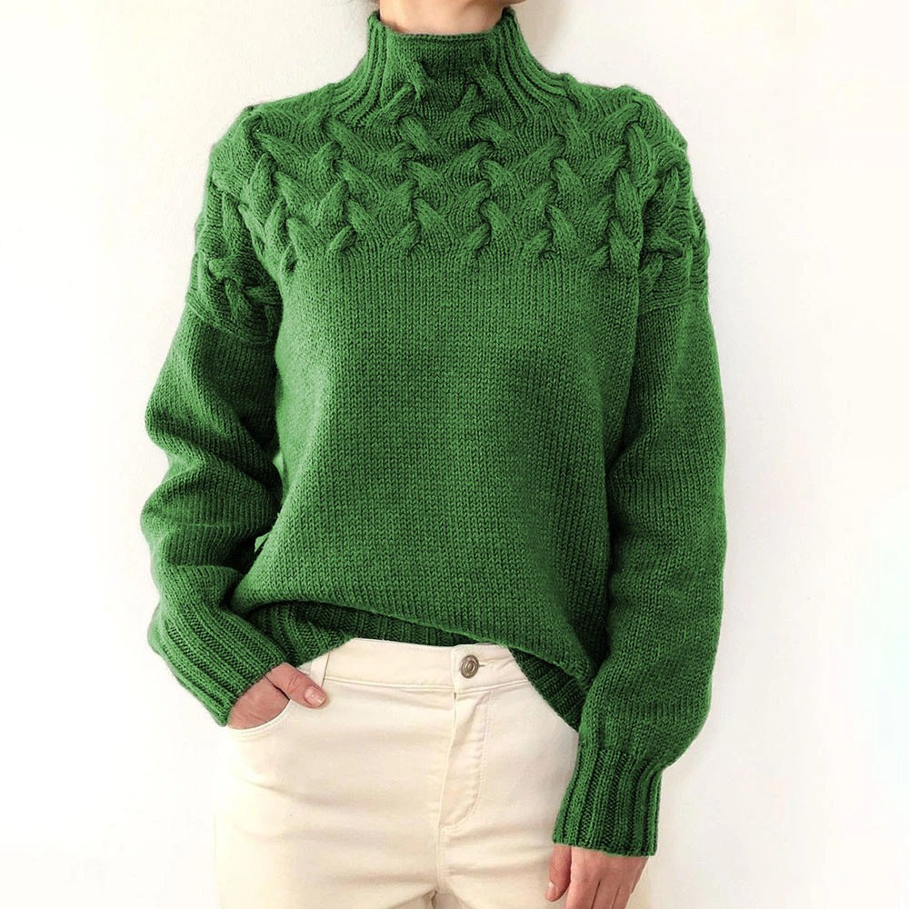 Marielle | Damen Kabelstrick Geflochtener Yoke Relaxed-Fit Rollkragenpullover