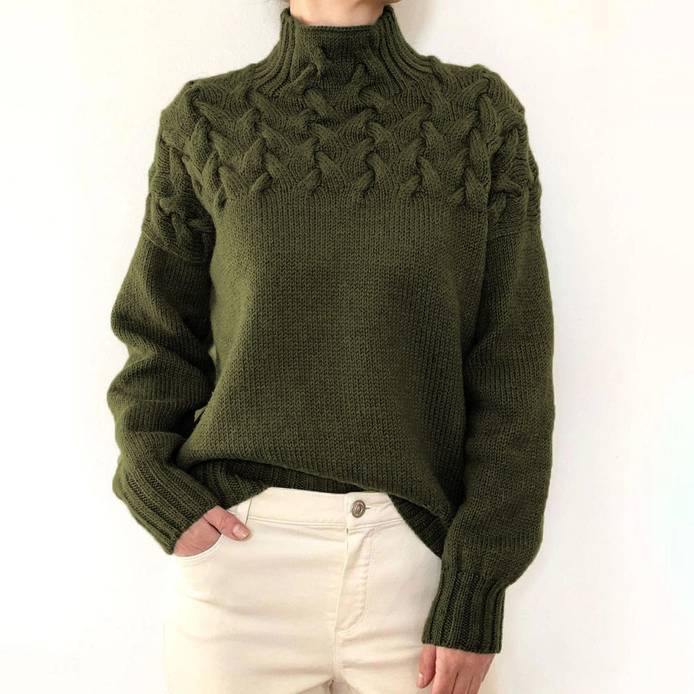 Marielle | Damen Kabelstrick Geflochtener Yoke Relaxed-Fit Rollkragenpullover