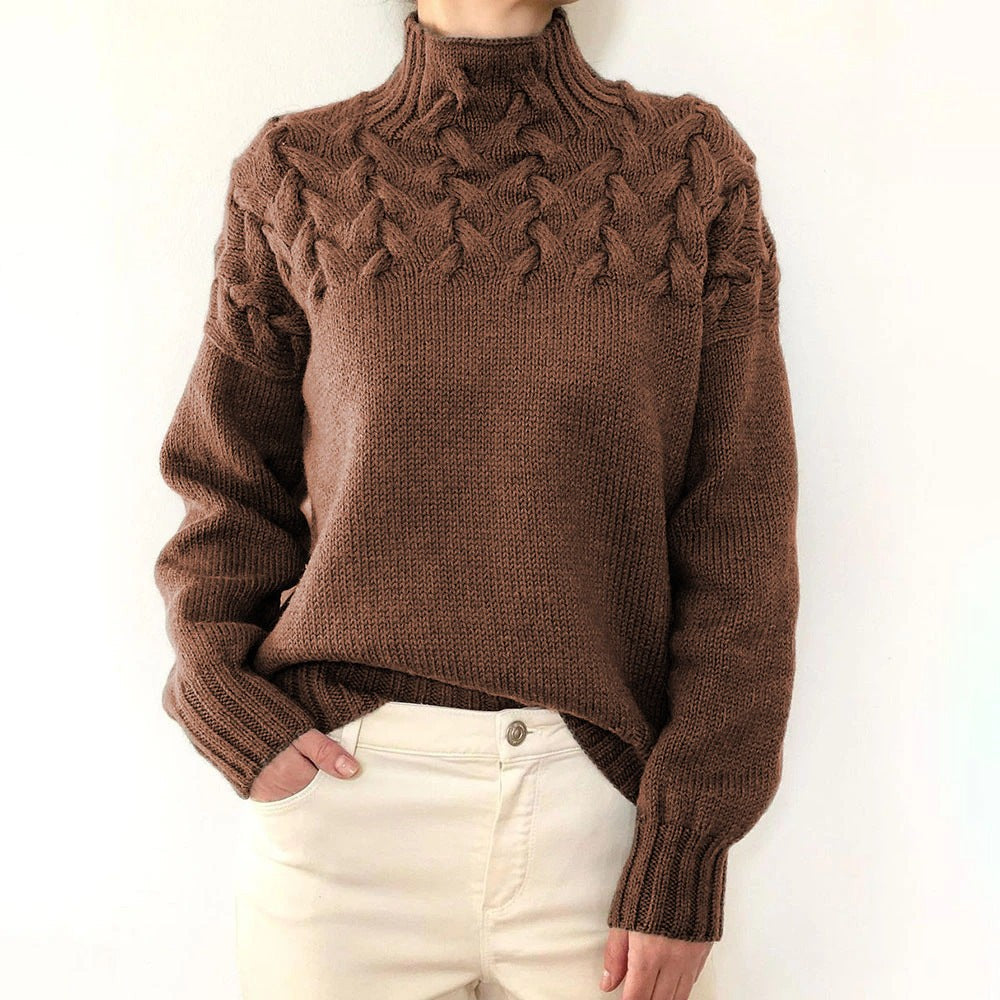 Marielle | Damen Kabelstrick Geflochtener Yoke Relaxed-Fit Rollkragenpullover