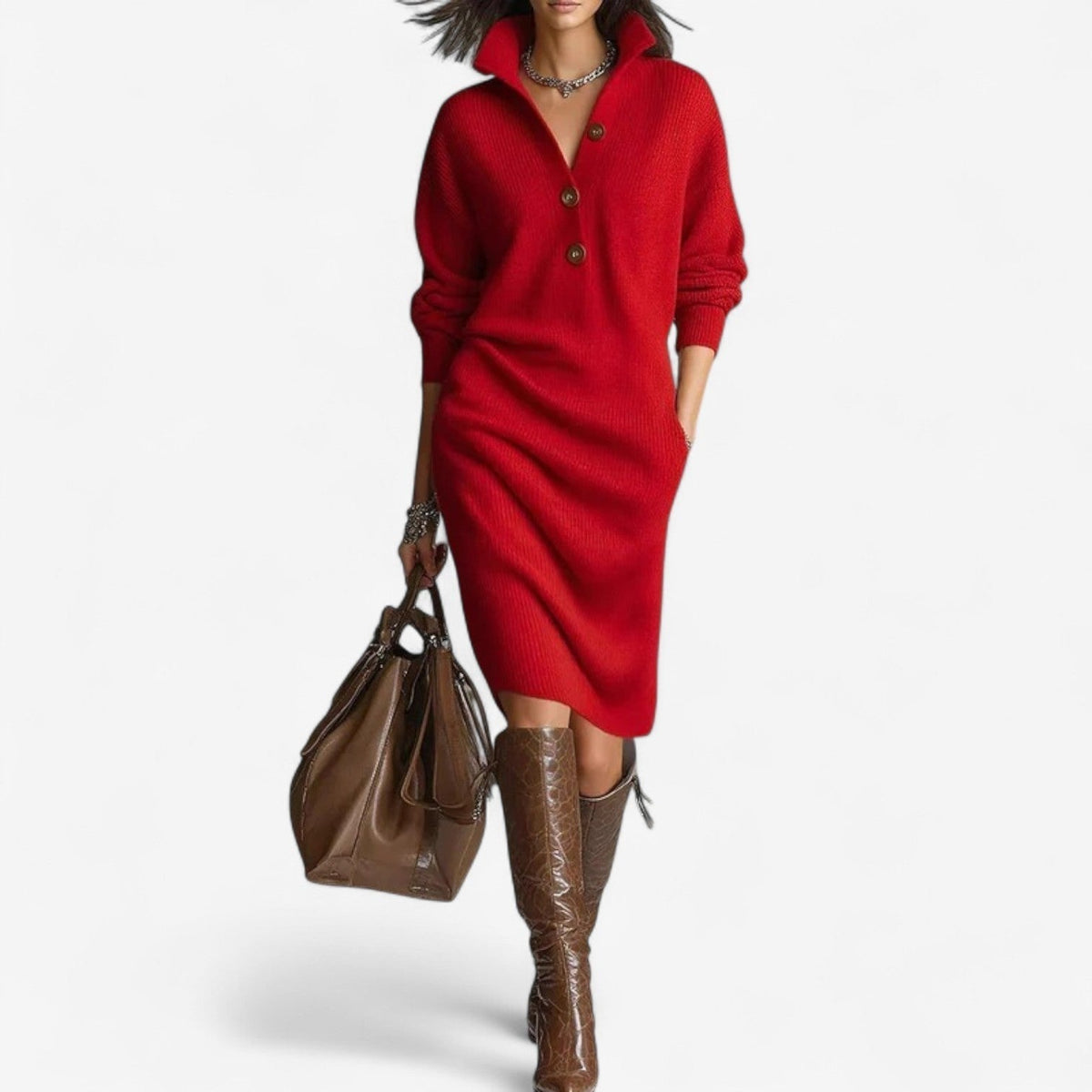 Aria | Damen-Midi-Strickkleid mit Kragen und Knopfverschluss