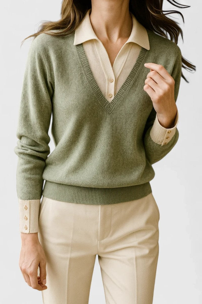 Rosie | Damen Farbblock-Polo-Kragen Knopf-Manschetten Strickpullover