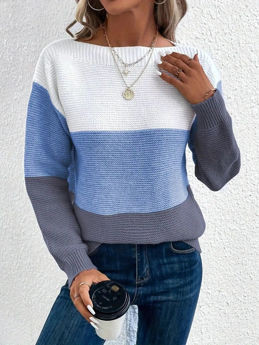 Marlowe | Damen Farbblock Relaxed-Fit Rundhals Langarm Strickpullover