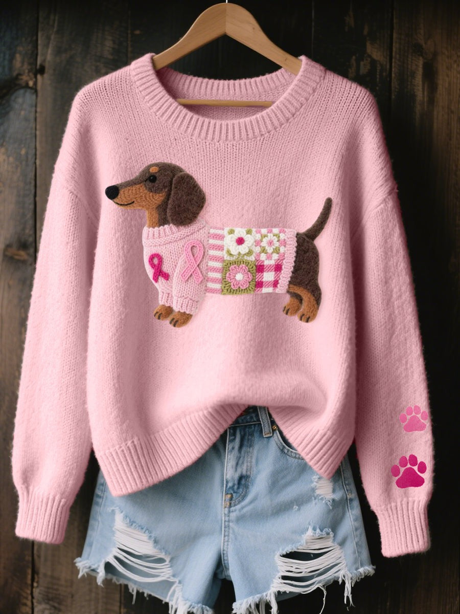 Mohnblume | Damen Dachshund Grafikband Rundhals Strickpullover