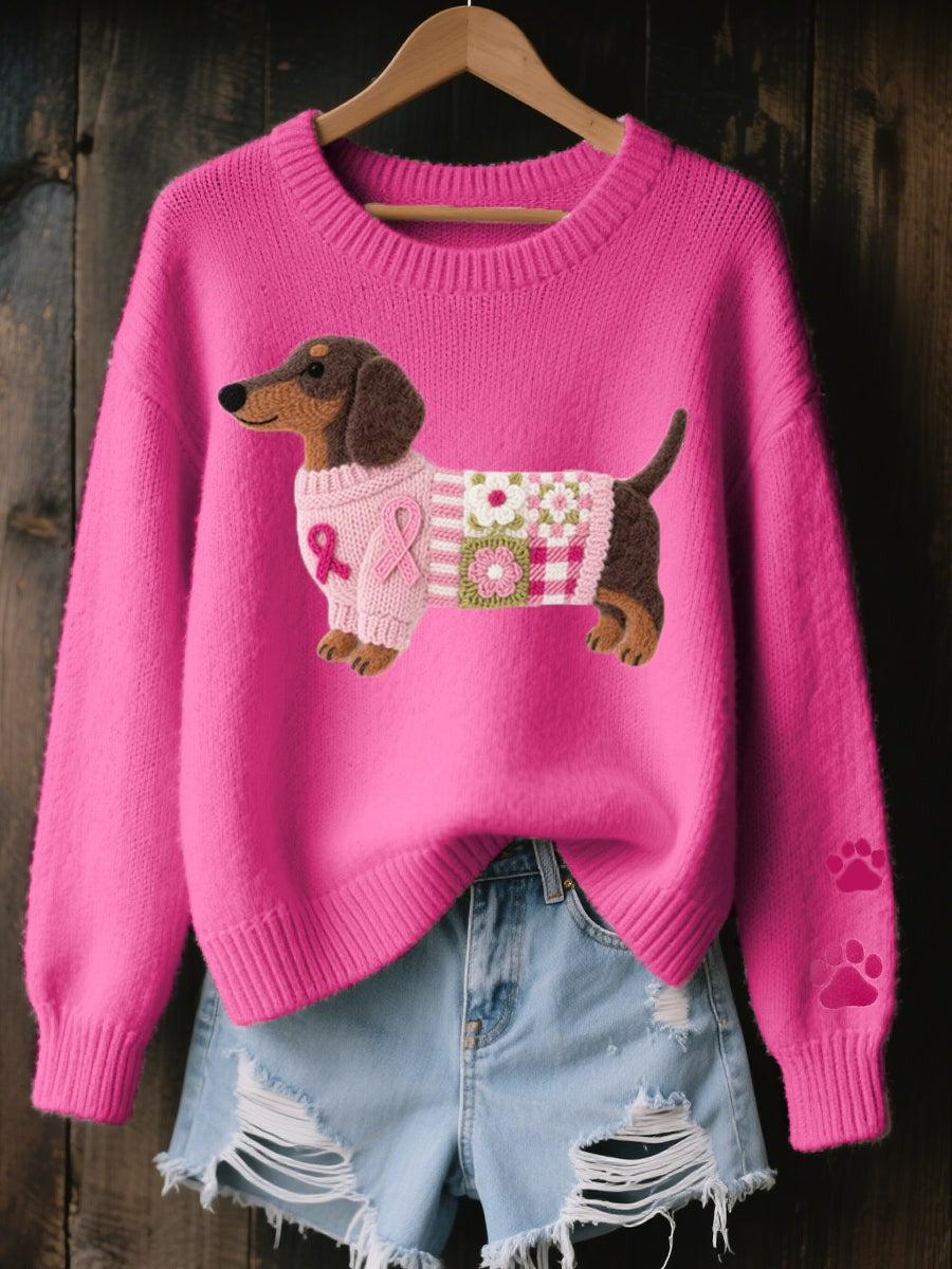 Mohnblume | Damen Dachshund Grafikband Rundhals Strickpullover