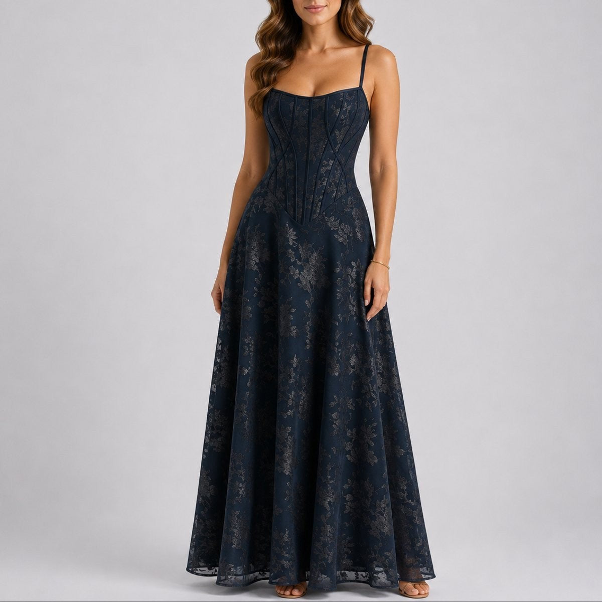 Adeline | Damen Herbst Hochzeitsgast Floral Korsett Maxi Kleid