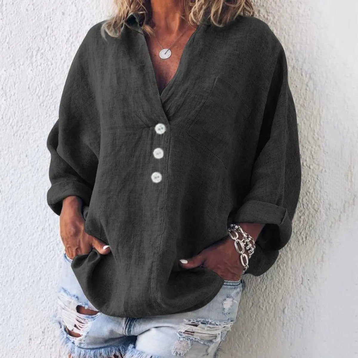 Marina | Damen Relaxed-Fit V-Ausschnitt Bluse mit Knopfleiste und Brusttasche