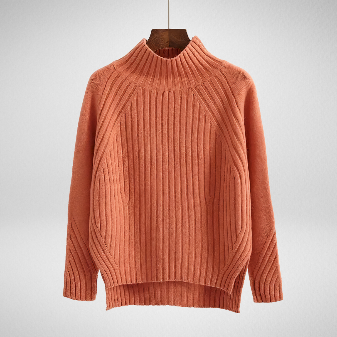 Marielle | Damen Rippstrick-Mock-Neck High-Low Relaxed-Fit Pullover