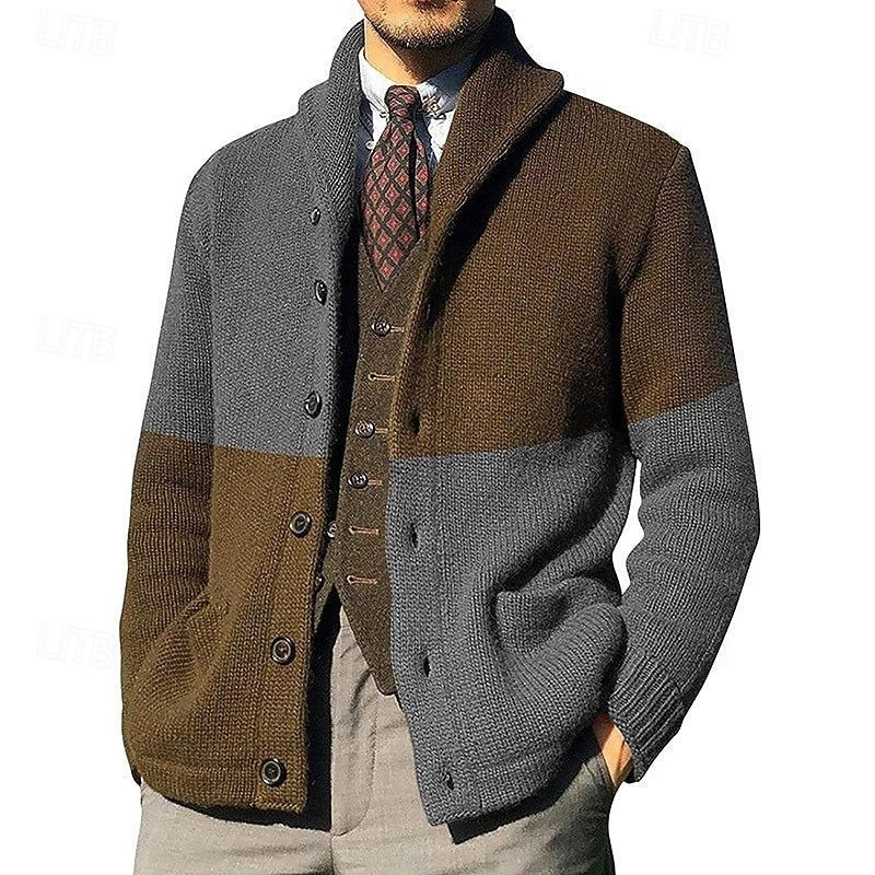 Bertram | Herren Farbblock Strickjacke mit Schalkragen und Knöpfen