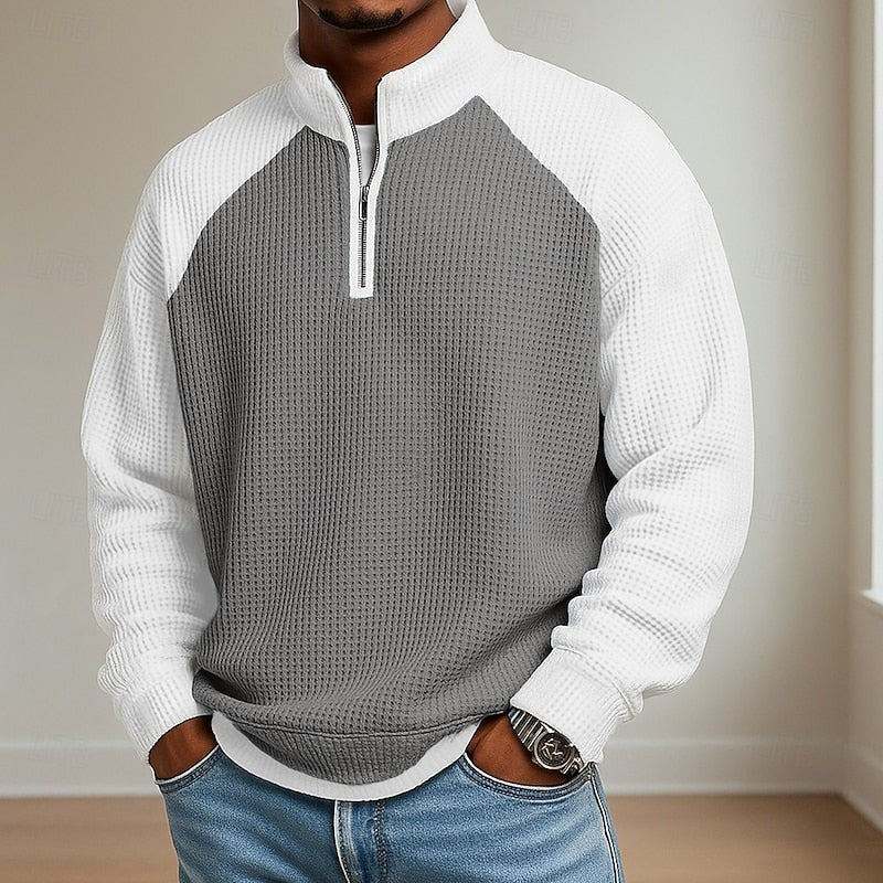 Marcus | Herren Farbblock Waffelstrick Quarter-Zip Stehkragen Pullover