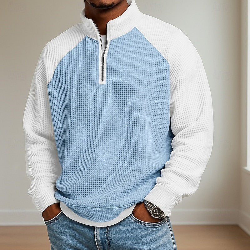 Jasper | Herren Farbblock Waffelstruktur Viertel-Reißverschluss Raglan-Ärmel Pullover