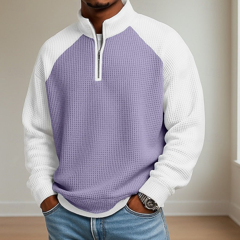 Jasper | Herren Farbblock Waffelstruktur Viertel-Reißverschluss Raglan-Ärmel Pullover