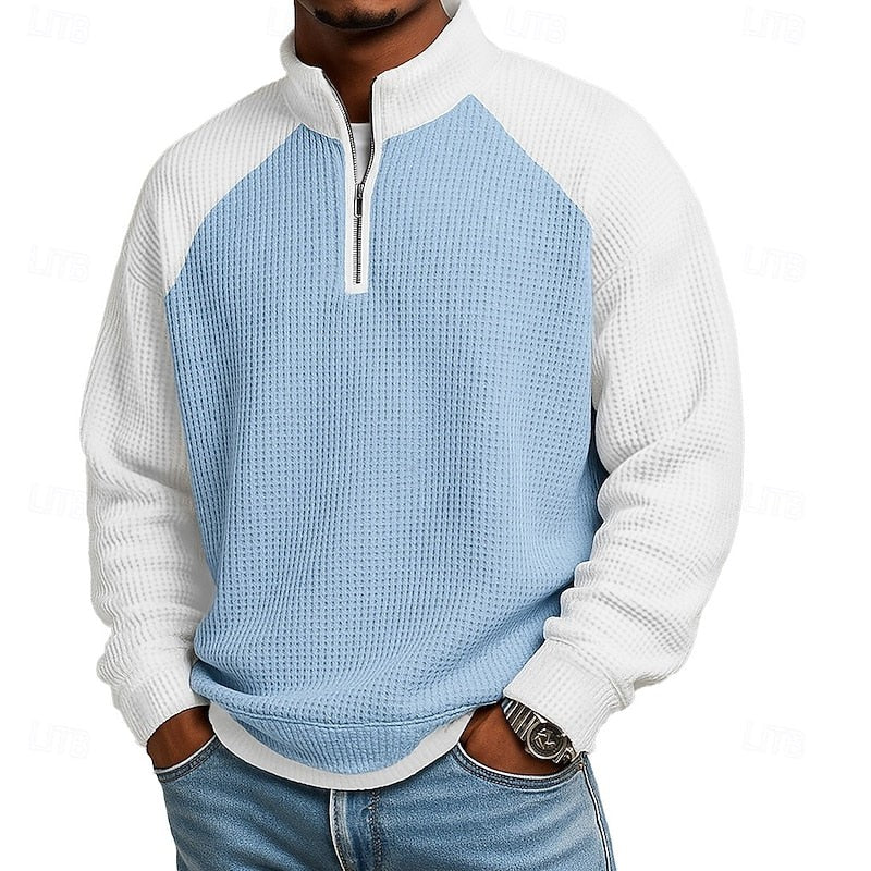 Jasper | Herren Farbblock Waffelstruktur Viertel-Reißverschluss Raglan-Ärmel Pullover