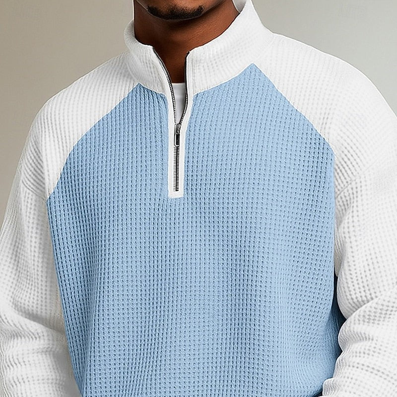 Jasper | Herren Farbblock Waffelstruktur Viertel-Reißverschluss Raglan-Ärmel Pullover