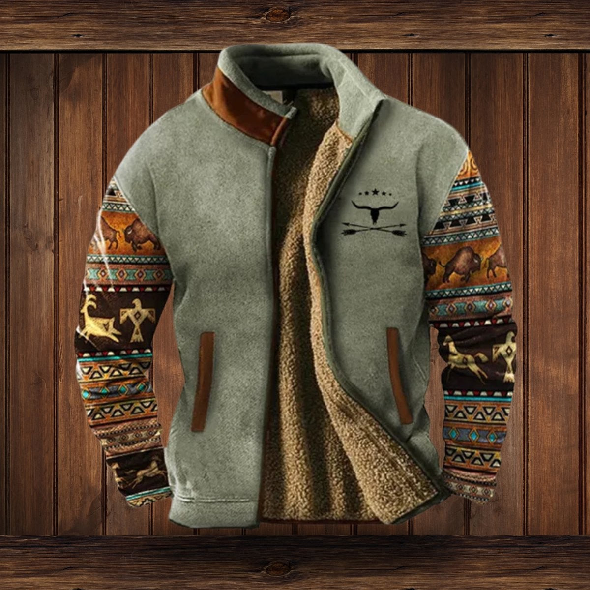 Wyatt | Herren Sherpa-Fleecejacke mit Aztekenmuster und Stehkragen
