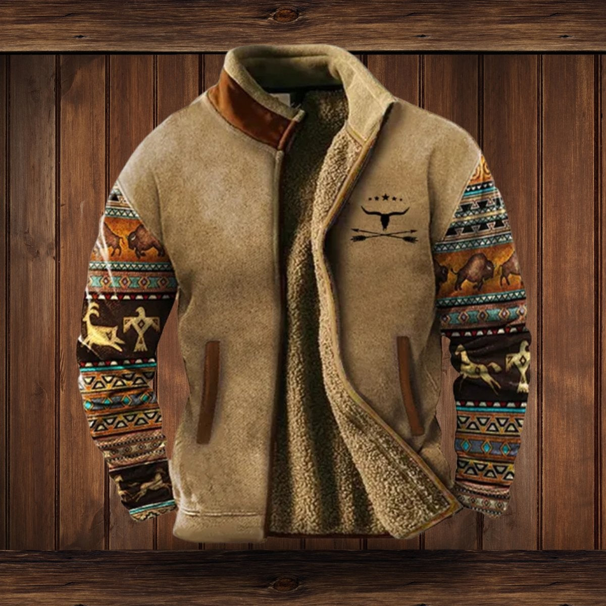 Wyatt | Herren Sherpa-Fleecejacke mit Aztekenmuster und Stehkragen