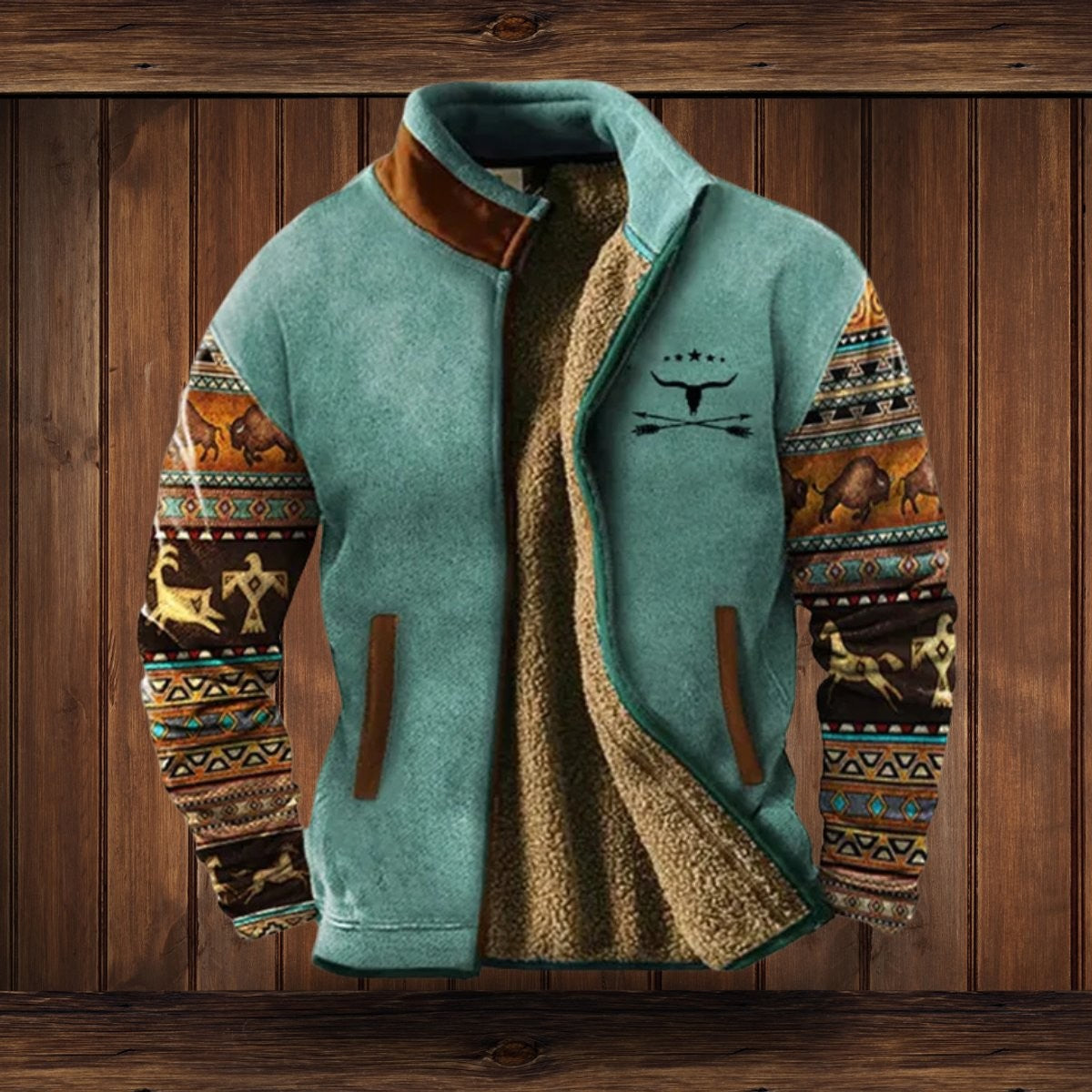 Wyatt | Herren Sherpa-Fleecejacke mit Aztekenmuster und Stehkragen