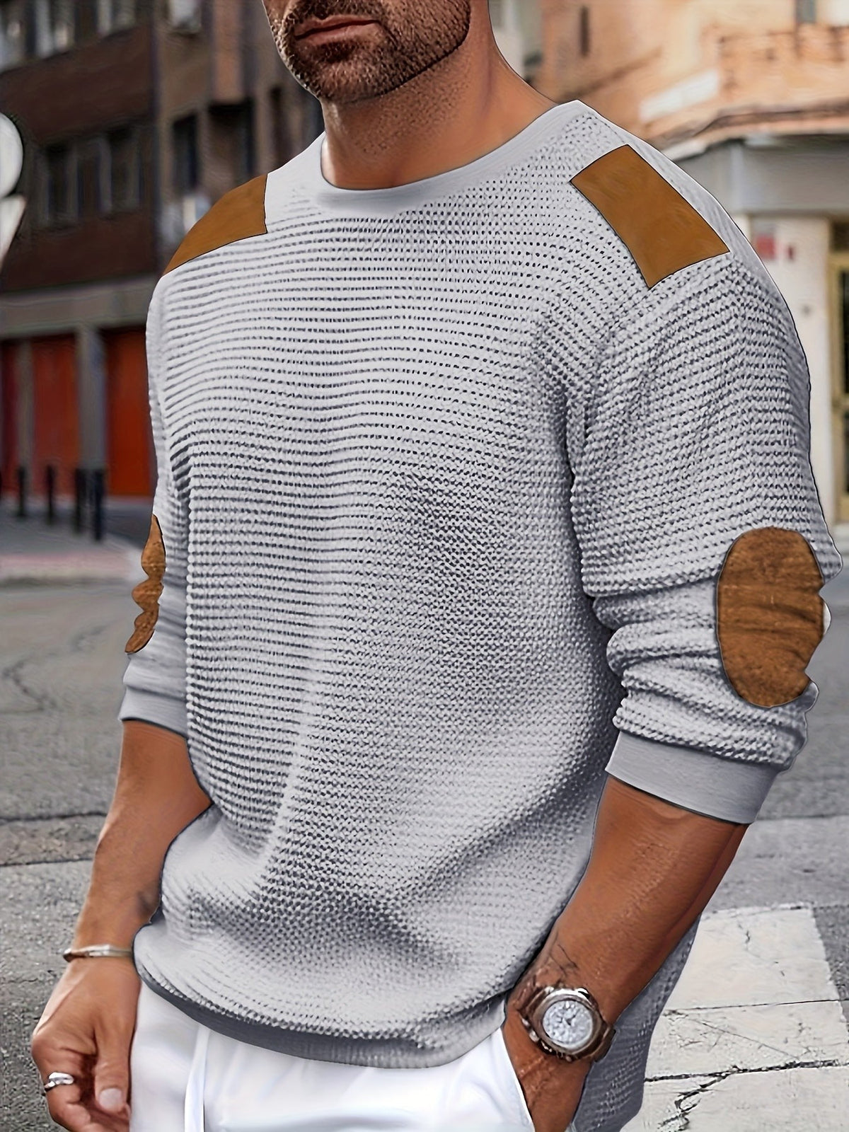 Aaron | Herren Strukturierter Pullover mit Kontrast Ellbogen-Patches
