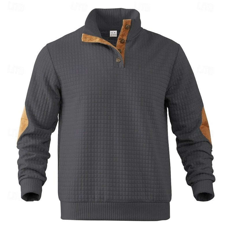 Sawyer | Herren Pullover mit strukturiertem Stehkragen und Knopfleiste, Ellbogen-Patches
