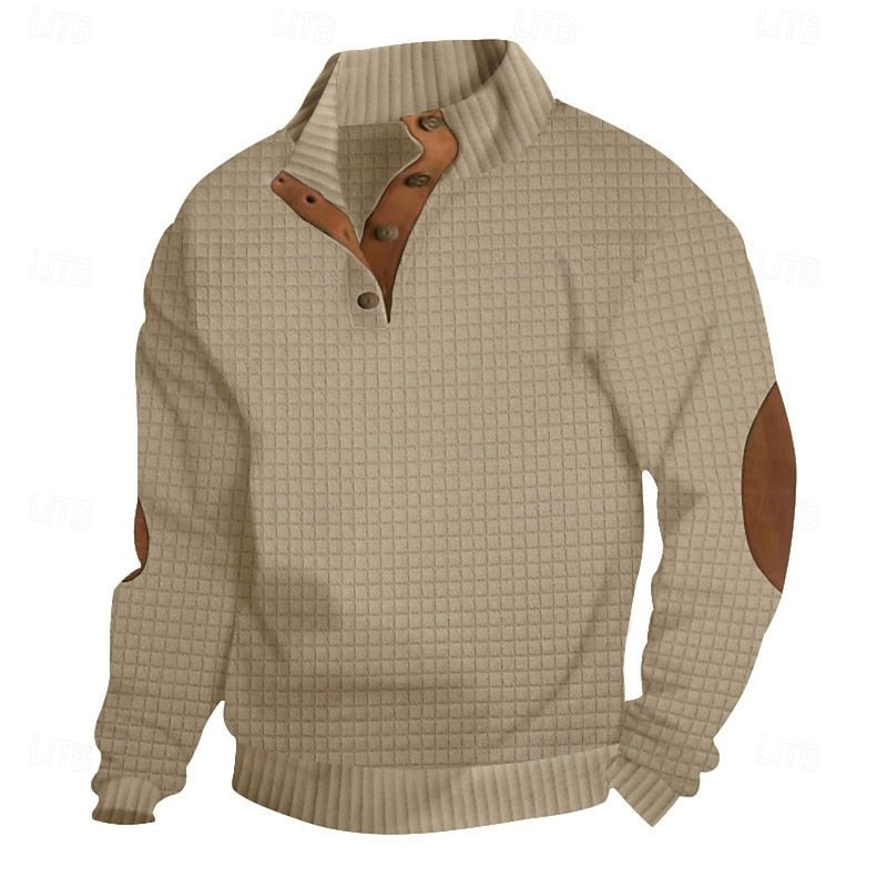 Sawyer | Herren Pullover mit strukturiertem Stehkragen und Knopfleiste, Ellbogen-Patches