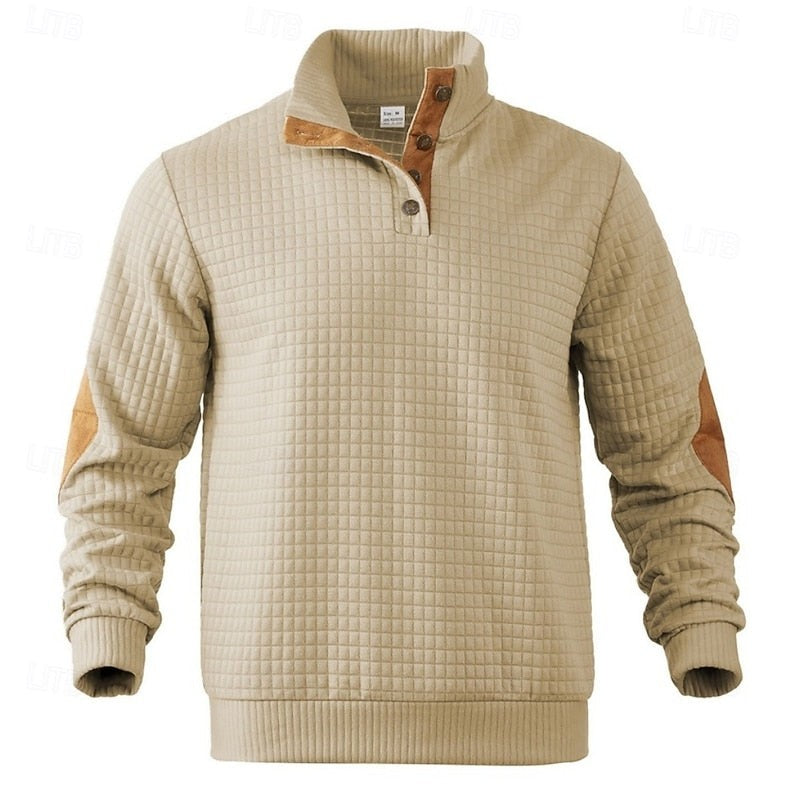 Sawyer | Herren Pullover mit strukturiertem Stehkragen und Knopfleiste, Ellbogen-Patches