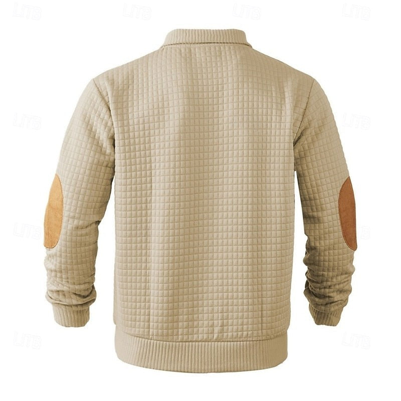 Sawyer | Herren Pullover mit strukturiertem Stehkragen und Knopfleiste, Ellbogen-Patches