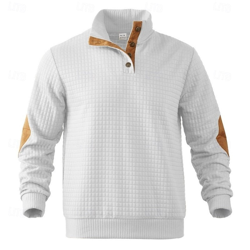 Sawyer | Herren Pullover mit strukturiertem Stehkragen und Knopfleiste, Ellbogen-Patches