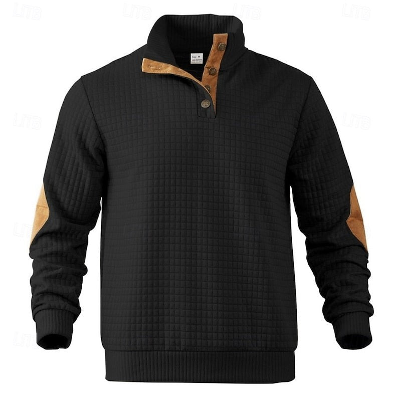 Sawyer | Herren Pullover mit strukturiertem Stehkragen und Knopfleiste, Ellbogen-Patches