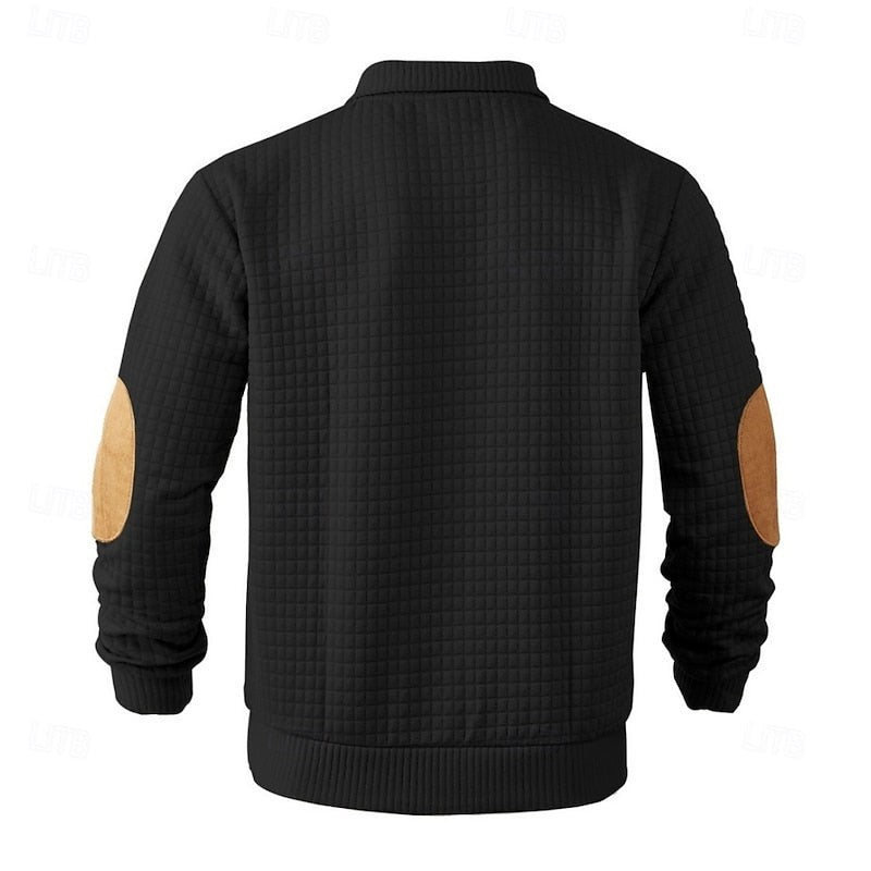 Sawyer | Herren Pullover mit strukturiertem Stehkragen und Knopfleiste, Ellbogen-Patches