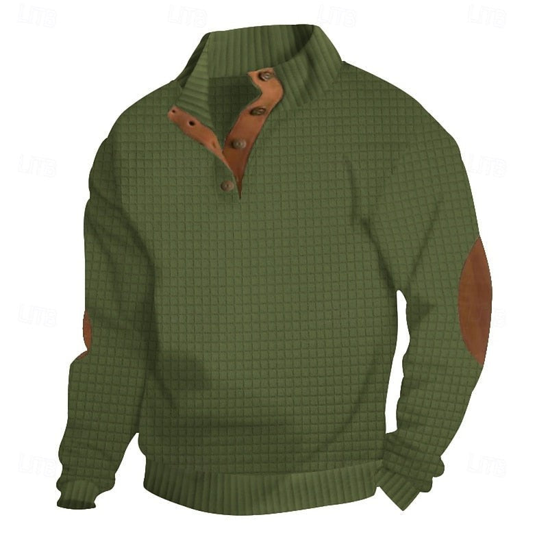 Sawyer | Herren Pullover mit strukturiertem Stehkragen und Knopfleiste, Ellbogen-Patches