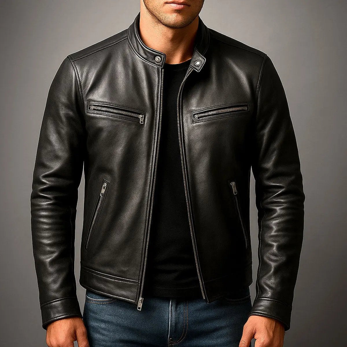 Hudson | Herren Vintage Bandkragen Zip-Up Bikerjacke