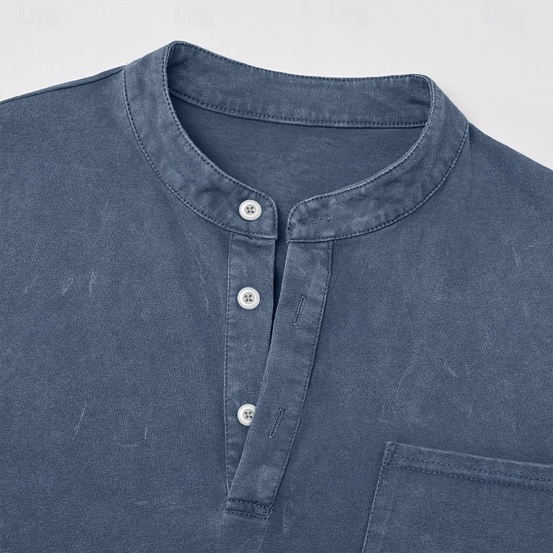 Theodore | Herren Vintage-Wasch Bandkragen Langarm Henley-Shirt