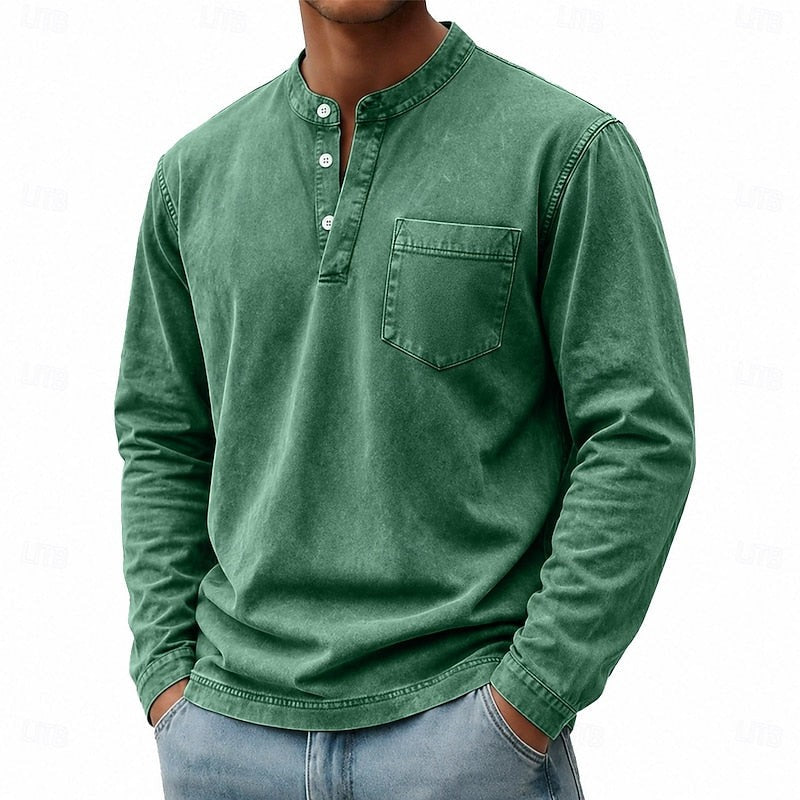 Theodore | Herren Vintage-Wasch Bandkragen Langarm Henley-Shirt